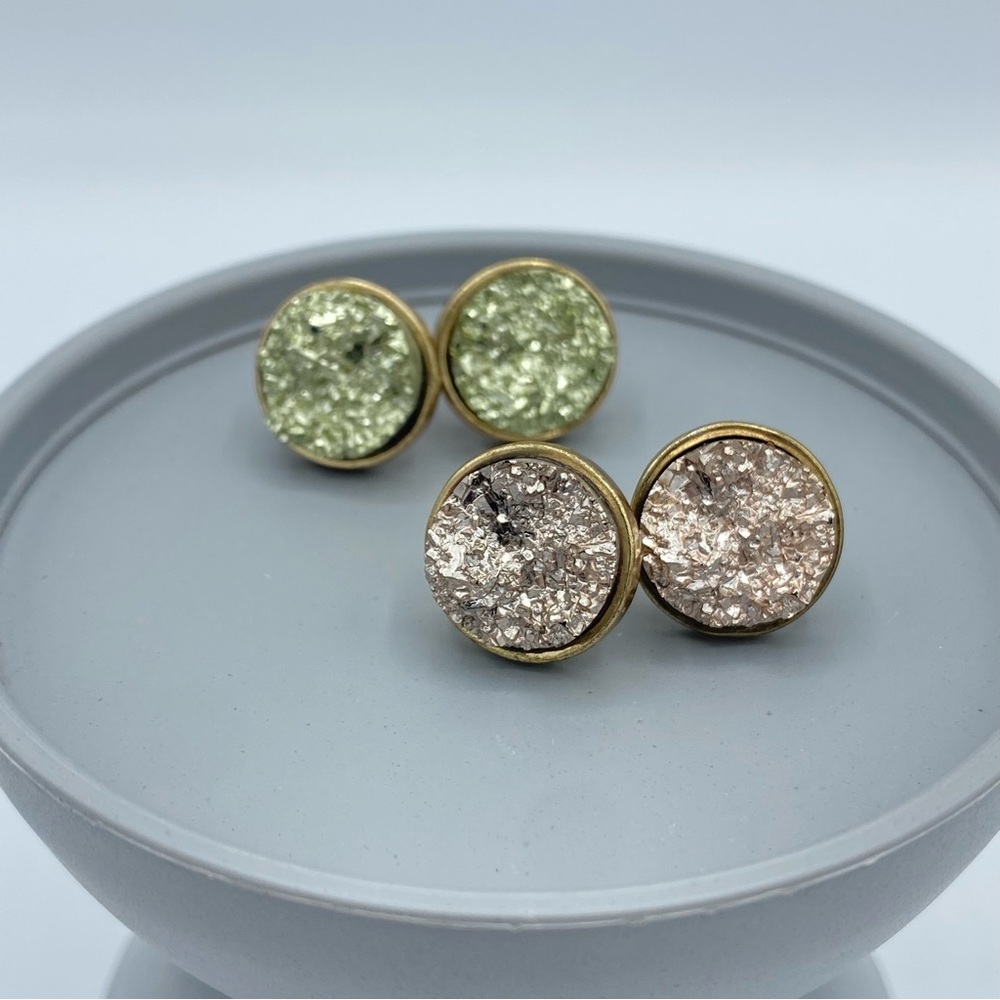 2 Pairs Faux Druzy Pierced Stud Post Earrings Green Pink Gold Tone Set Preppy